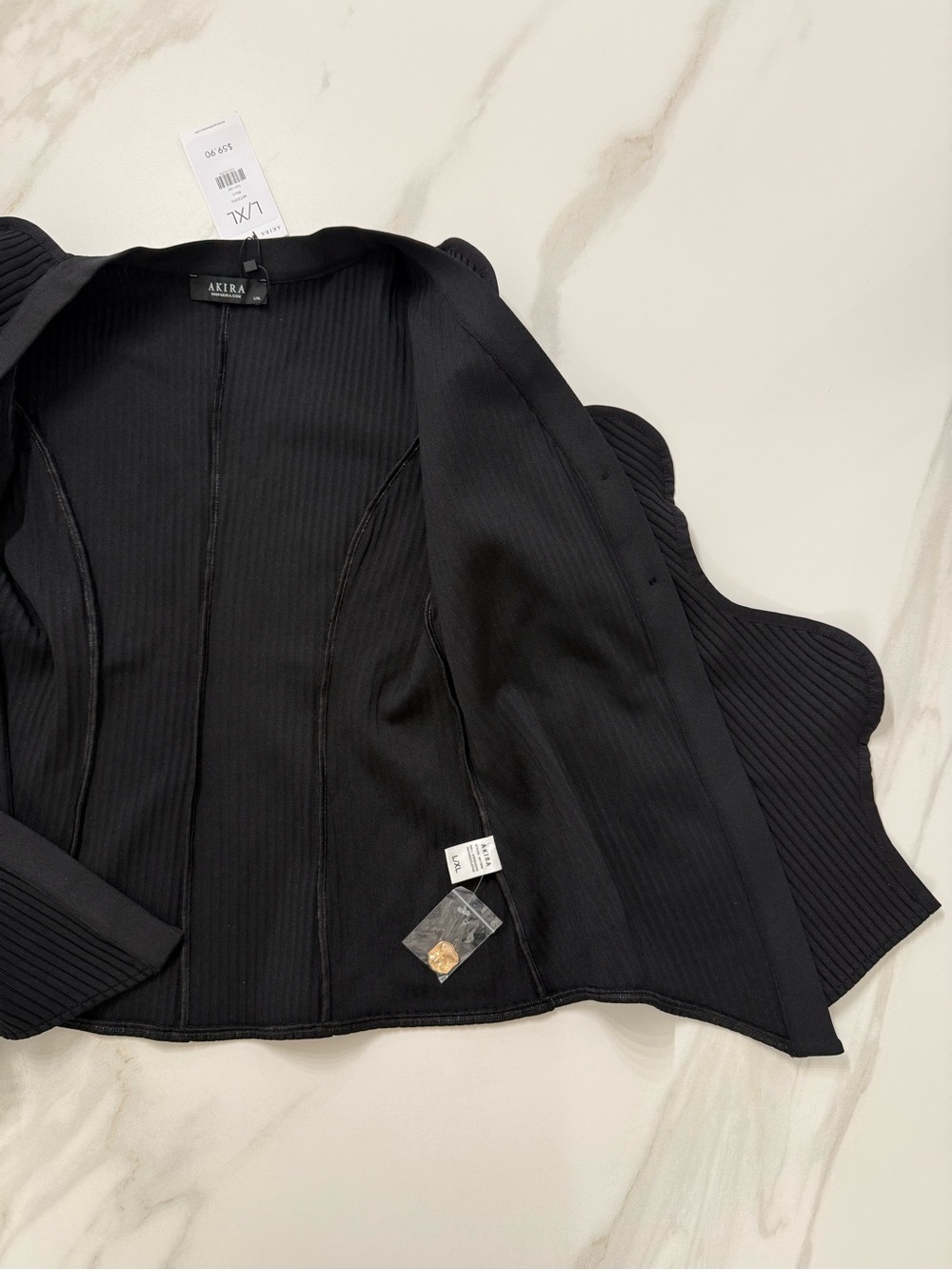 NWT AKIRA Black Wavy Structured Sleeve Ribbed Cardigan L/XL Statement Sweater - Picture 9 of 13